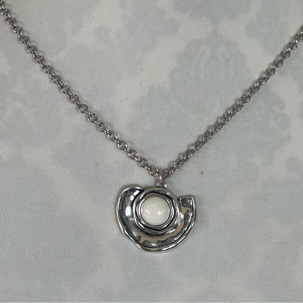 Vintage Silver Tone Long Necklace with Modern Abstract Pendant & Faux Pearl